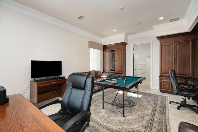 recreation room featuring ornamental molding and pool table