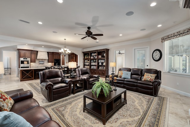 living room featuring light tile patterned flooring, ceiling fan with notable chandelier, and ornamental molding