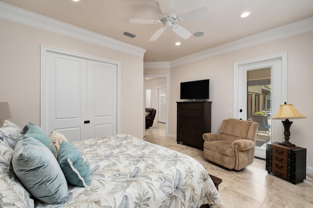 tiled bedroom with ceiling fan, access to exterior, crown molding, and a closet