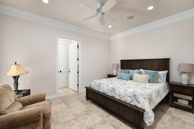 bedroom with ceiling fan and ornamental molding