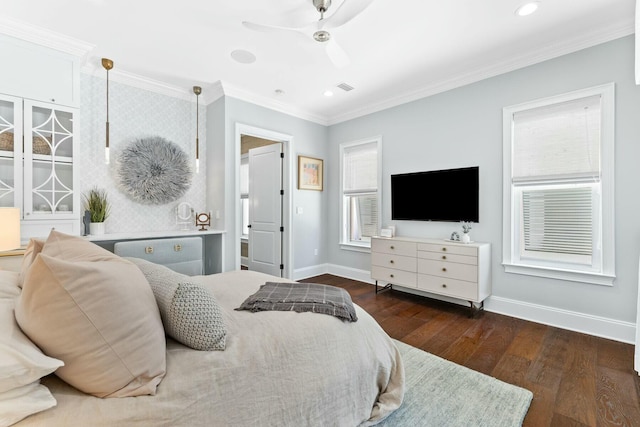 bedroom featuring multiple windows, ceiling fan, crown molding, and dark hardwood / wood-style floors