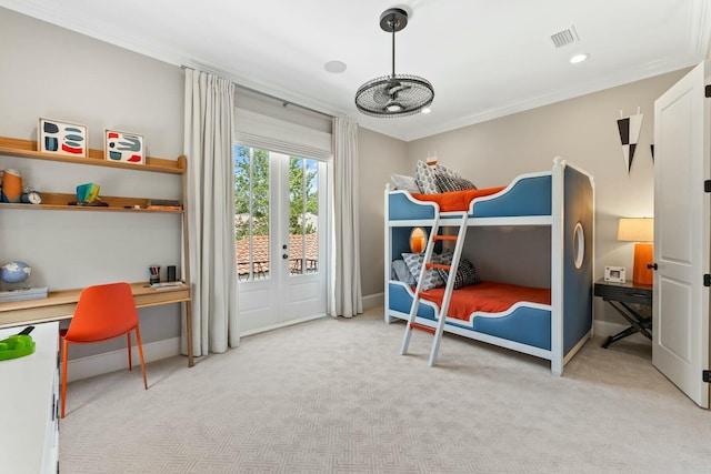 bedroom with french doors, light colored carpet, an inviting chandelier, and ornamental molding