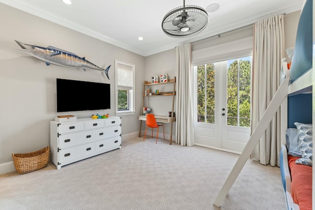 bedroom featuring light colored carpet, crown molding, access to outside, and french doors