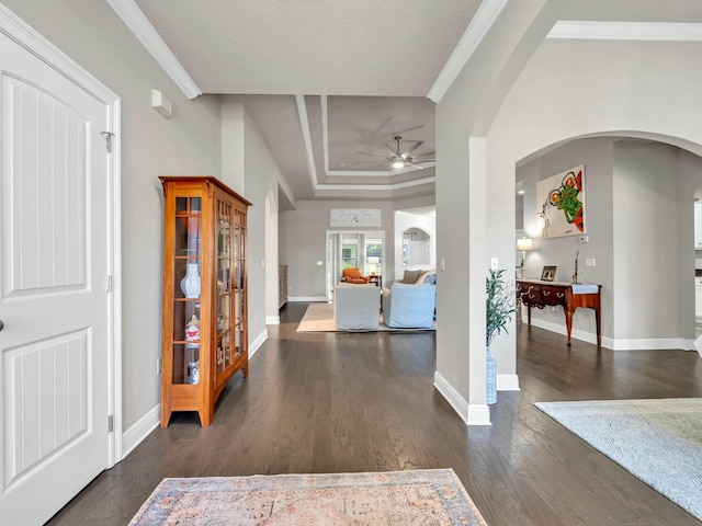 foyer entrance with ceiling fan, crown molding, and dark hardwood / wood-style floors