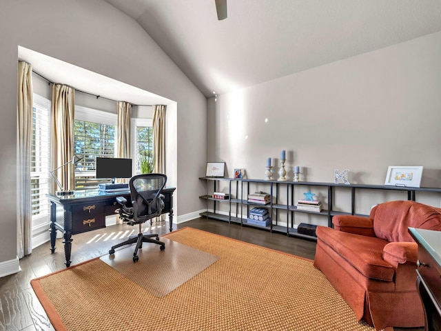 office with lofted ceiling, hardwood / wood-style flooring, and a wealth of natural light