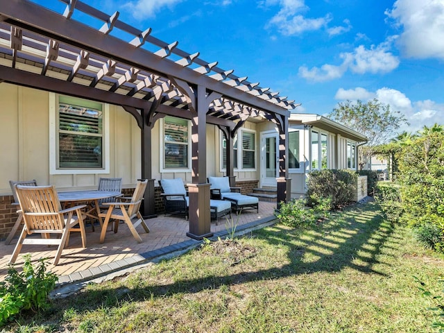 exterior space with a patio, a lawn, and a pergola