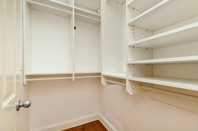 spacious closet with dark wood finished floors