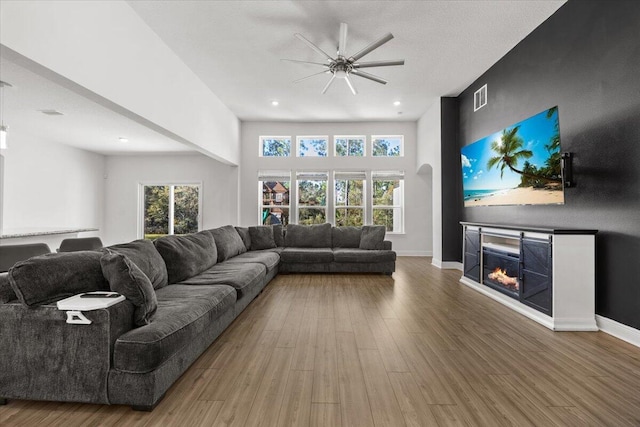 living room with ceiling fan and hardwood / wood-style flooring