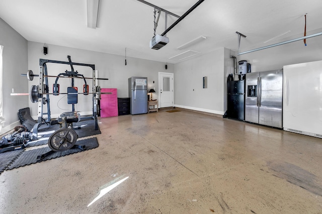 garage with a garage door opener, black refrigerator, white refrigerator, stainless steel fridge with ice dispenser, and stainless steel refrigerator