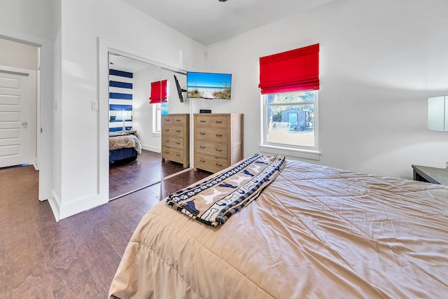 bedroom featuring dark hardwood / wood-style floors and a closet