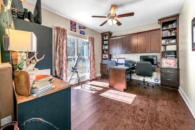 office area featuring ceiling fan, built in desk, and dark hardwood / wood-style floors