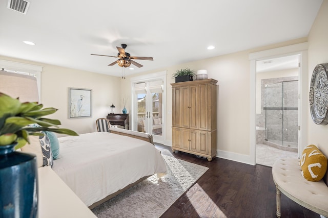 bedroom featuring french doors, dark hardwood / wood-style floors, access to outside, ceiling fan, and ensuite bathroom