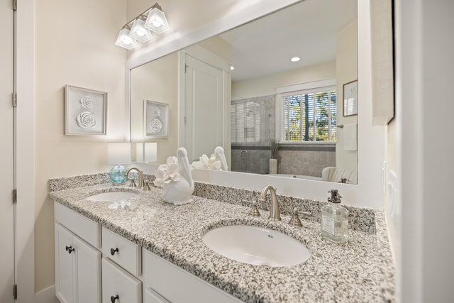 bathroom with separate shower and tub and vanity