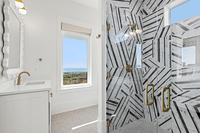 bathroom with vanity and a shower with shower door