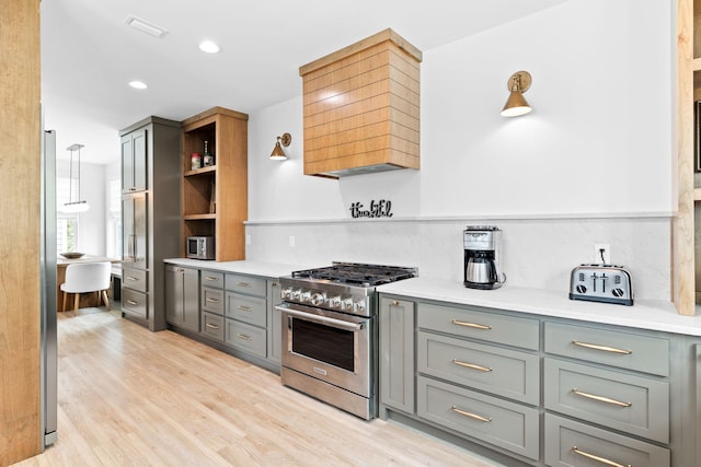 kitchen featuring gray cabinetry, tasteful backsplash, light hardwood / wood-style flooring, custom range hood, and appliances with stainless steel finishes