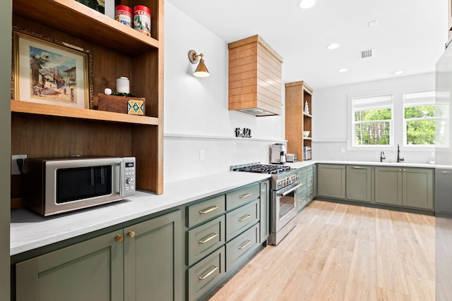 kitchen featuring appliances with stainless steel finishes, light hardwood / wood-style flooring, custom range hood, and sink