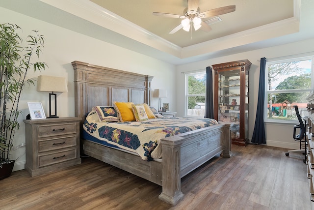 bedroom featuring a raised ceiling, multiple windows, ceiling fan, and dark hardwood / wood-style floors