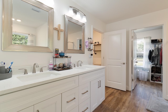 bathroom featuring vanity and hardwood / wood-style flooring