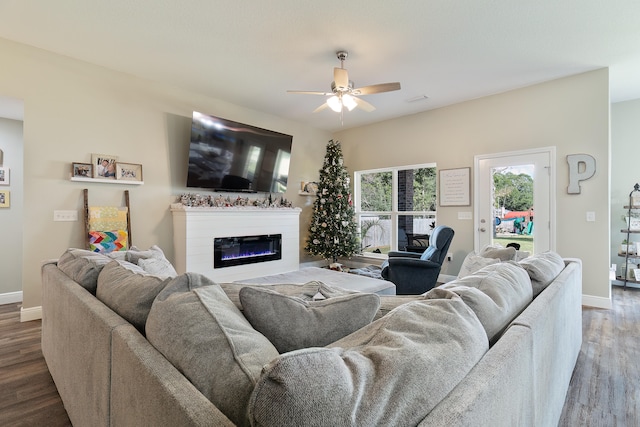 living room featuring ceiling fan and dark hardwood / wood-style floors