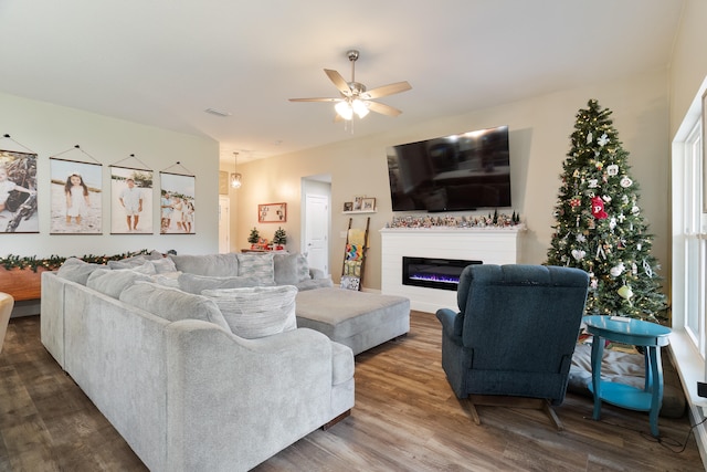 living room with ceiling fan and hardwood / wood-style floors