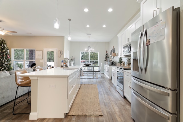 kitchen with a center island with sink, a healthy amount of sunlight, light hardwood / wood-style floors, and stainless steel appliances