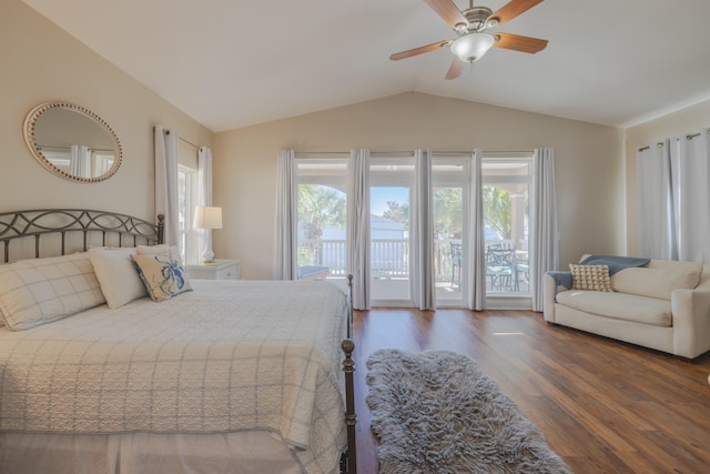 bedroom with access to exterior, dark wood-type flooring, ceiling fan, and lofted ceiling