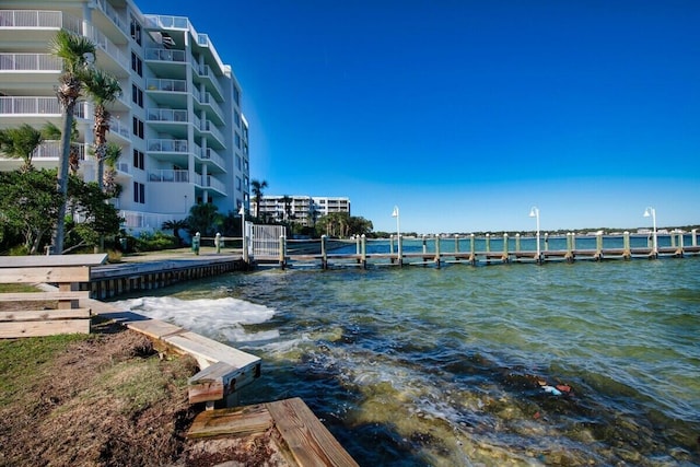 dock area with a water view