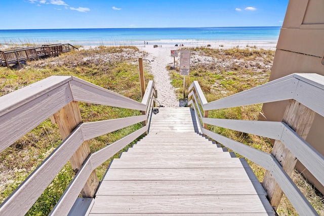 view of water feature with a beach view