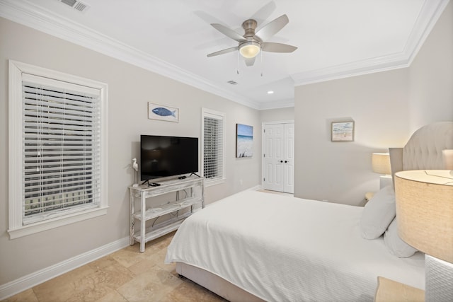 bedroom featuring ceiling fan and crown molding