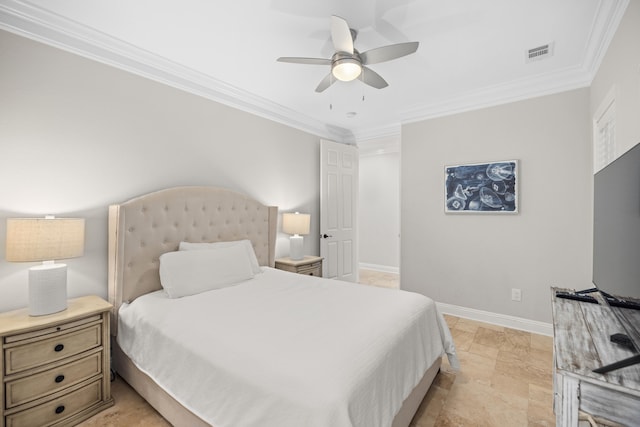 bedroom with ceiling fan and ornamental molding