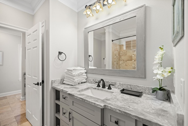 bathroom with vanity, walk in shower, and crown molding