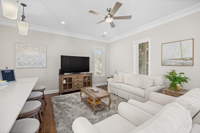 living room with ceiling fan, dark hardwood / wood-style flooring, and ornamental molding