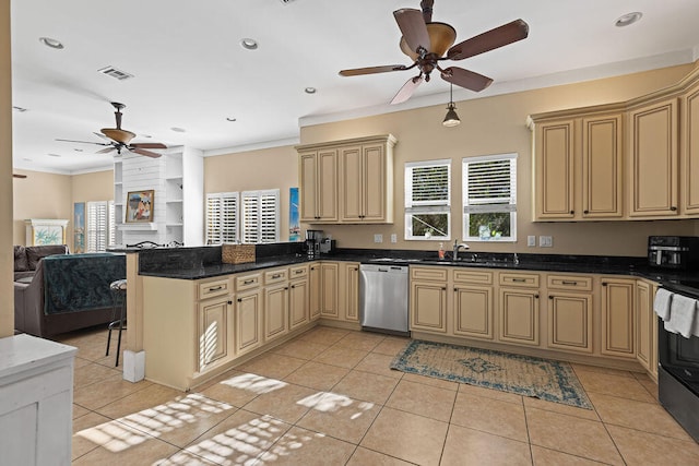 kitchen with kitchen peninsula, black range oven, sink, dishwasher, and light tile patterned flooring