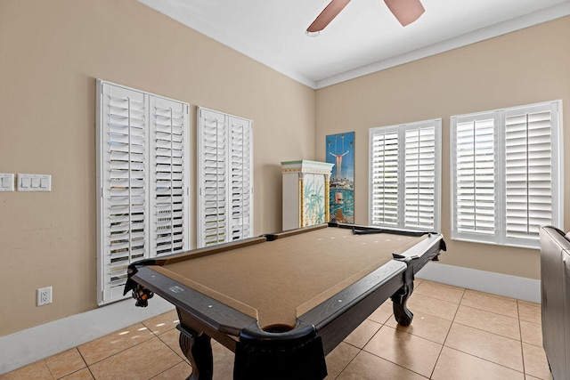 game room with light tile patterned floors, ceiling fan, and billiards