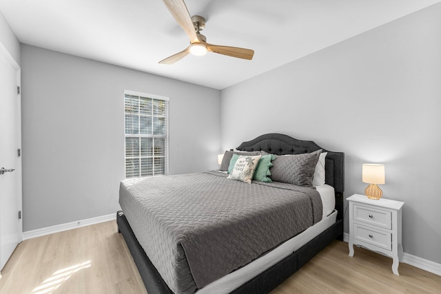 bedroom with ceiling fan and light wood-type flooring