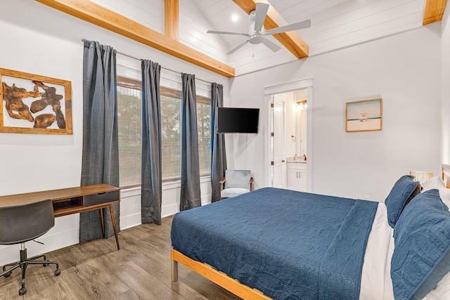 bedroom featuring ensuite bath, ceiling fan, wooden ceiling, vaulted ceiling with beams, and light hardwood / wood-style floors