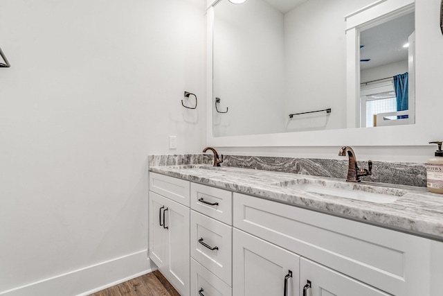 bathroom with hardwood / wood-style floors and vanity