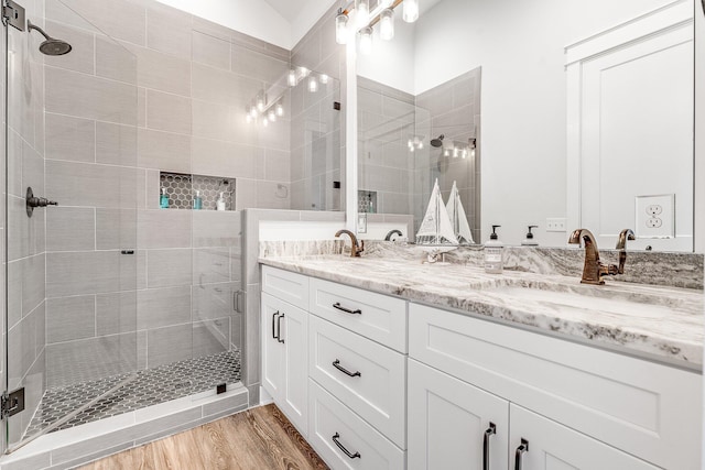 bathroom with hardwood / wood-style flooring, vanity, and a shower with shower door