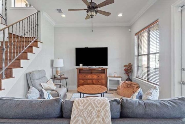 1900 Baytowne Loop, Miramar Beach, FL 32550 - living room featuring stairs, a ceiling fan, recessed lighting, baseboards, and ornamental molding
