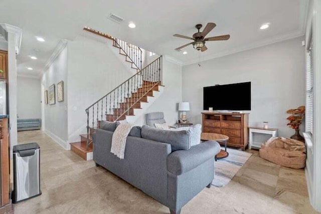 living room featuring ceiling fan and ornamental molding