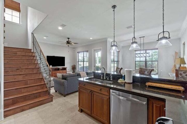 1900 Baytowne Loop, Miramar Beach, FL 32550 - kitchen featuring stainless steel dishwasher, a sink, ornamental molding, healthy amount of natural light, and brown cabinetry