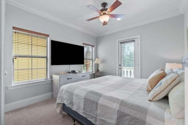 carpeted bedroom with access to outside, ceiling fan, and ornamental molding