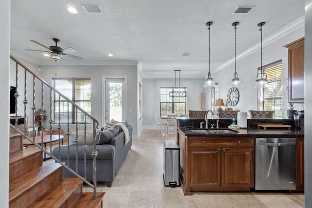 1900 Baytowne Loop, Miramar Beach, FL 32550 - kitchen with dishwasher, a sink, crown molding, open floor plan, and a ceiling fan