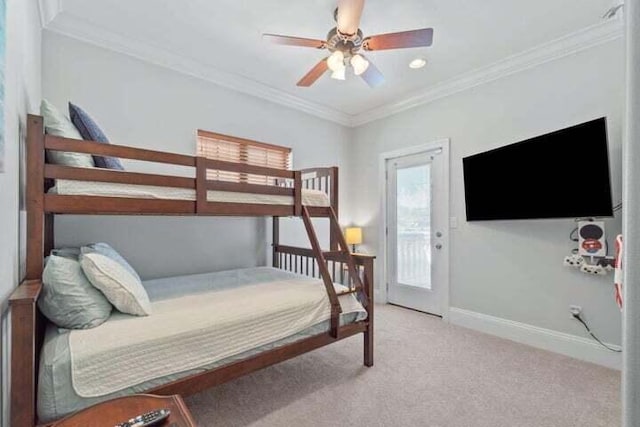 bedroom with light colored carpet, ceiling fan, and ornamental molding