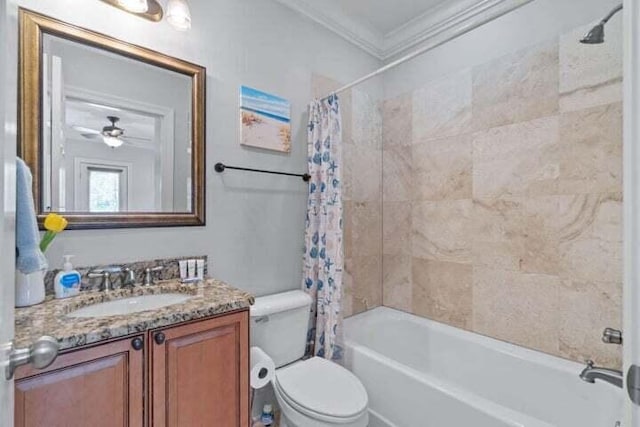 full bathroom featuring vanity, ceiling fan, toilet, shower / bathtub combination with curtain, and ornamental molding