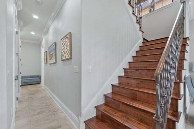 1900 Baytowne Loop, Miramar Beach, FL 32550 - staircase with crown molding, baseboards, and recessed lighting
