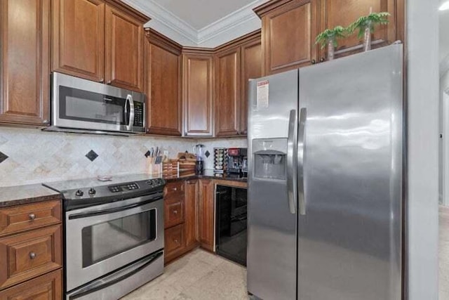 kitchen with appliances with stainless steel finishes, crown molding, beverage cooler, and dark stone counters