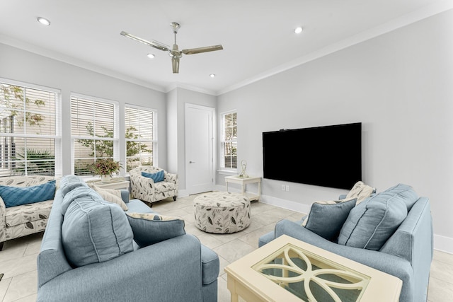 living room with light tile patterned floors, ceiling fan, and crown molding