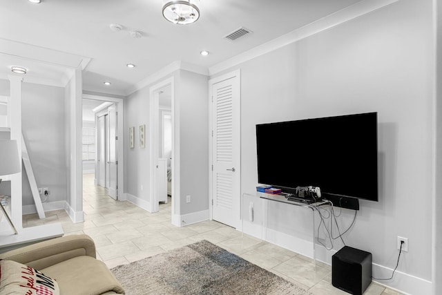 tiled living room with crown molding