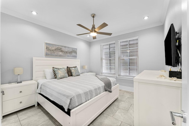 tiled bedroom with ceiling fan and crown molding